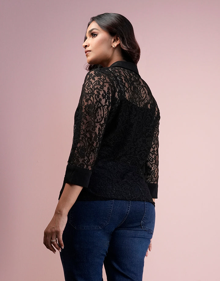 Lace Button Down Collar Blouse