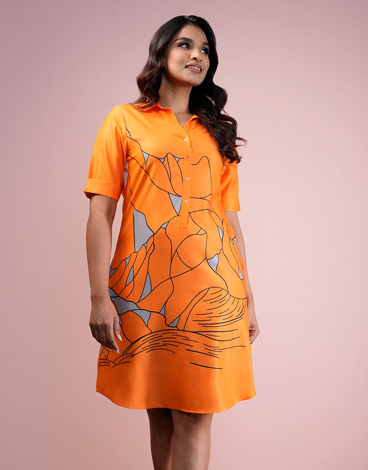 Folded Sleeve Printed Shirt Dress