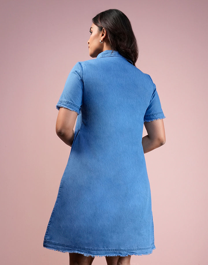 Raw Edge Detailed Chambray Dress
