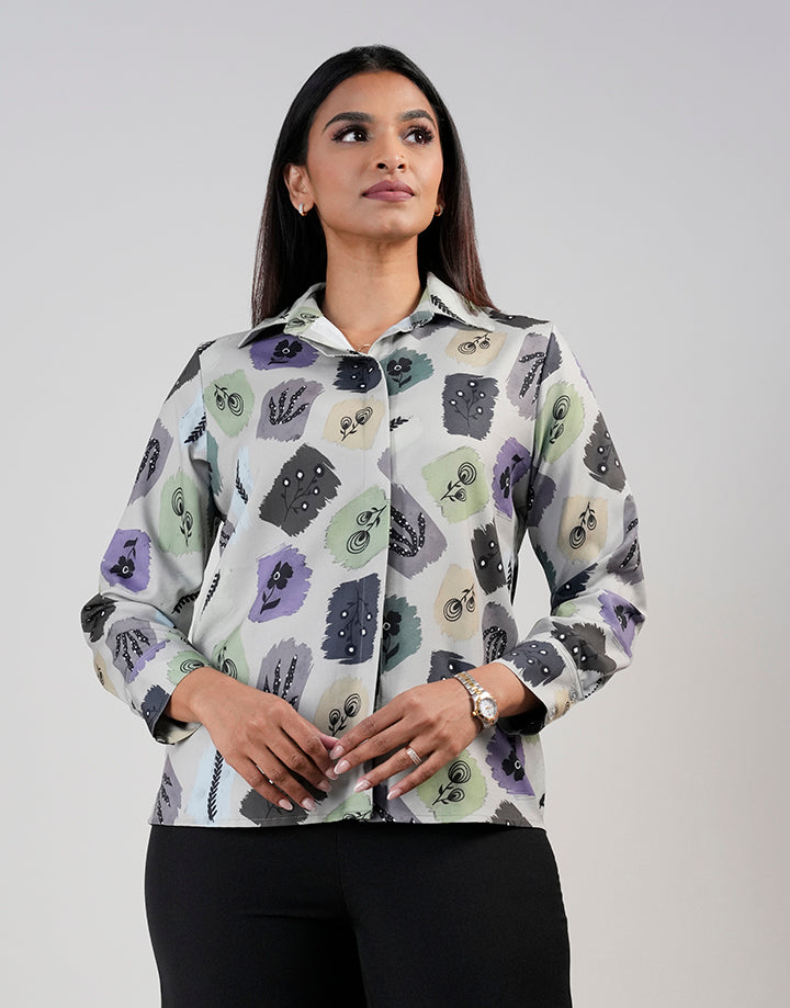 Button Down Blouse with Standed Collar