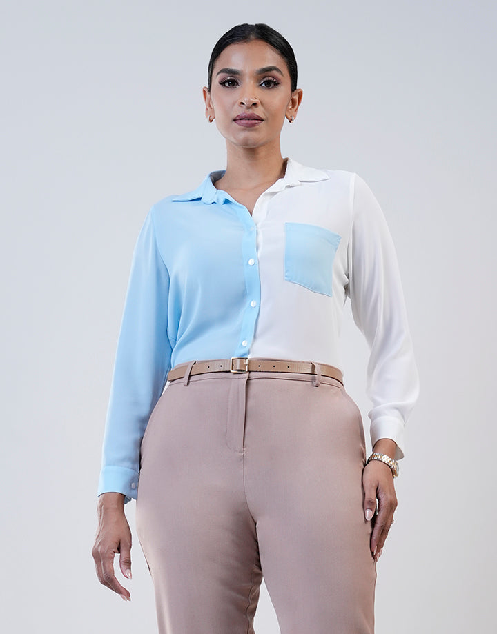 Colour Block Blouse with Patch Pocket