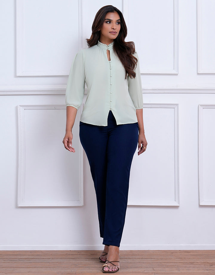 Ruffle Neckline Button Down Blouse – Spring & Summer