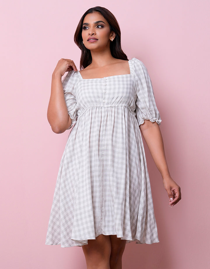 Checked Puff Sleeve Dress – Spring & Summer