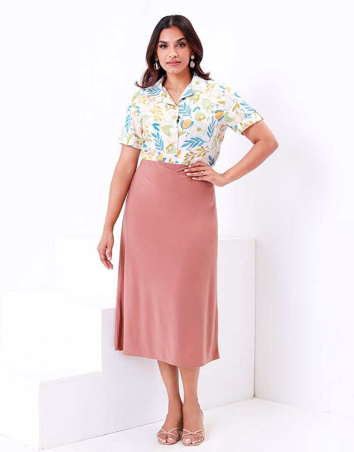 Elastic Waist Band A-Line Midi Skirt