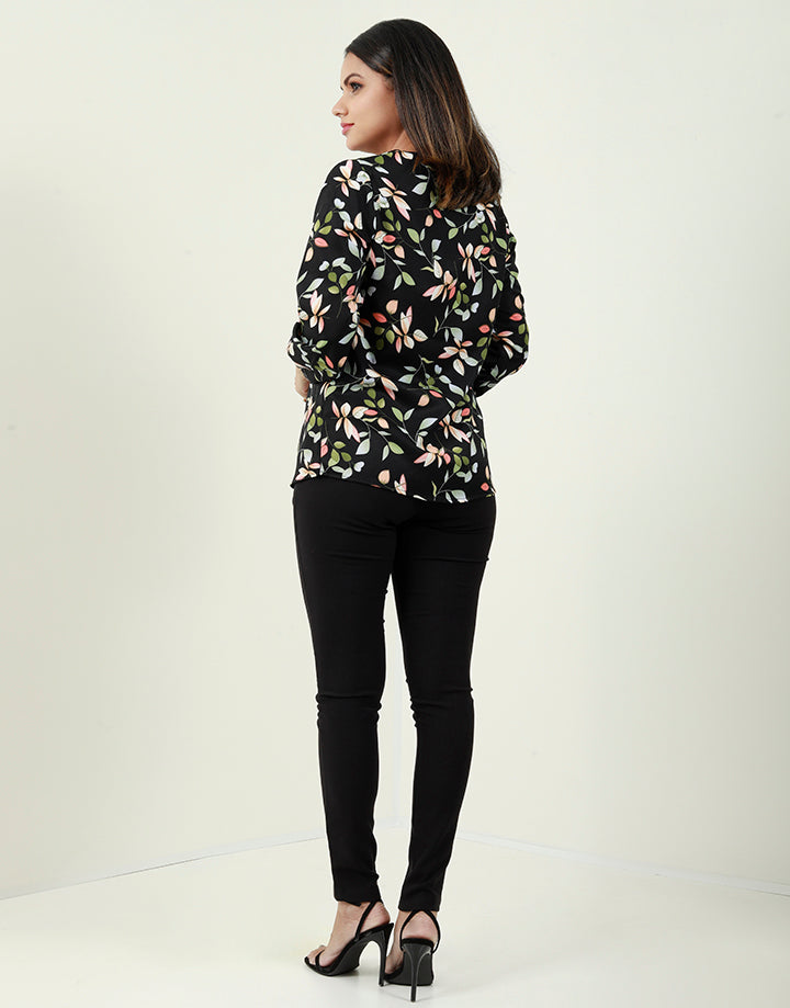Printed Round Neck Blouse with Long Sleeves