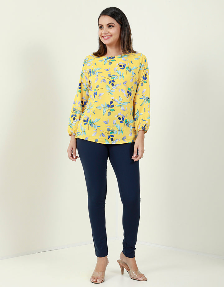 Printed Round Neck Blouse with Long Sleeves