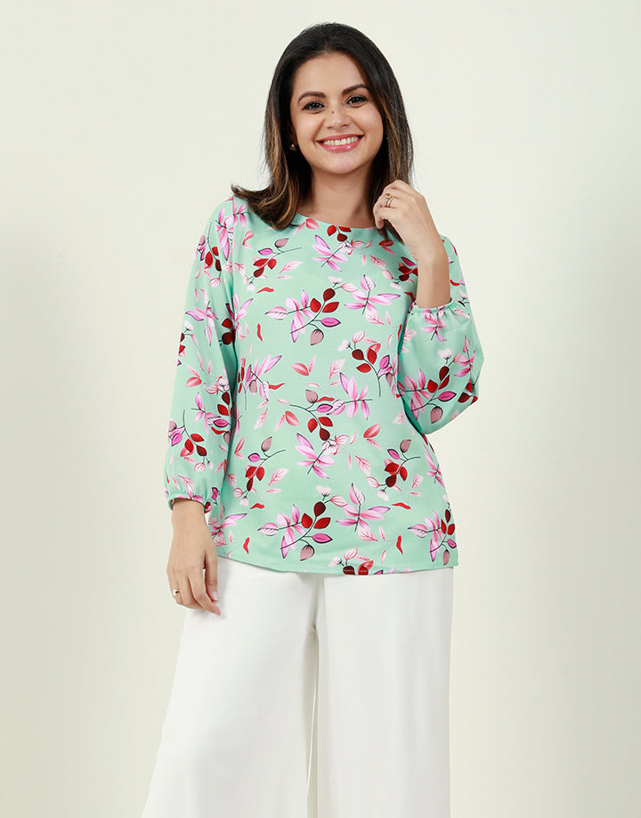 Printed Round Neck Blouse with Long Sleeves