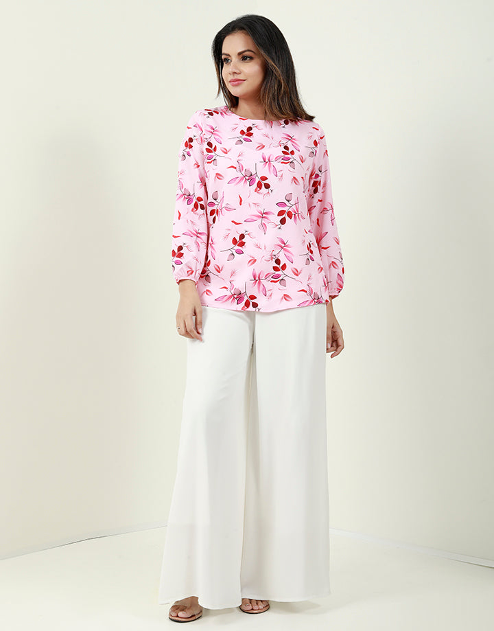 Printed Round Neck Blouse with Long Sleeves