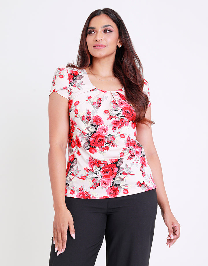 Printed Round Neck Top with Petal Sleeves