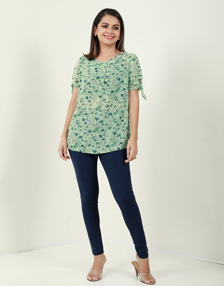 Printed blouse with Tie-up Bow Sleeves