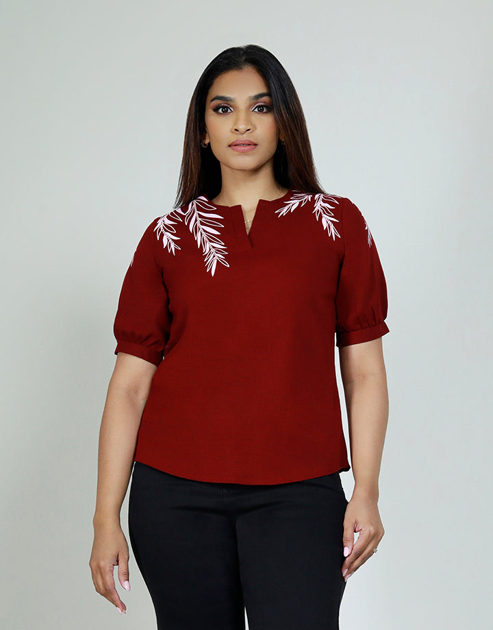Puff Sleeves Top with V Placket