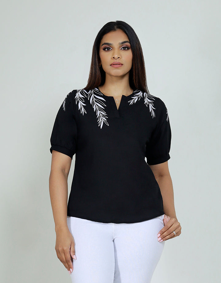 Puff Sleeves Top with V Placket