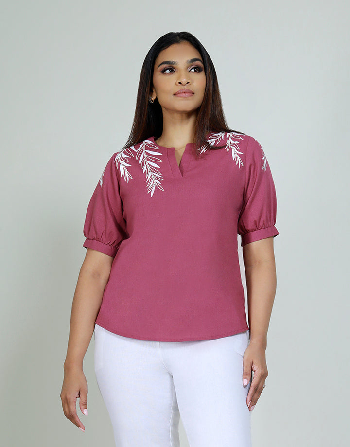 Puff Sleeves Top with V Placket