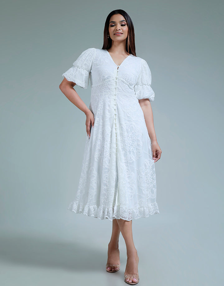 Lace Dress with Puff Sleeve and V-Neck Line