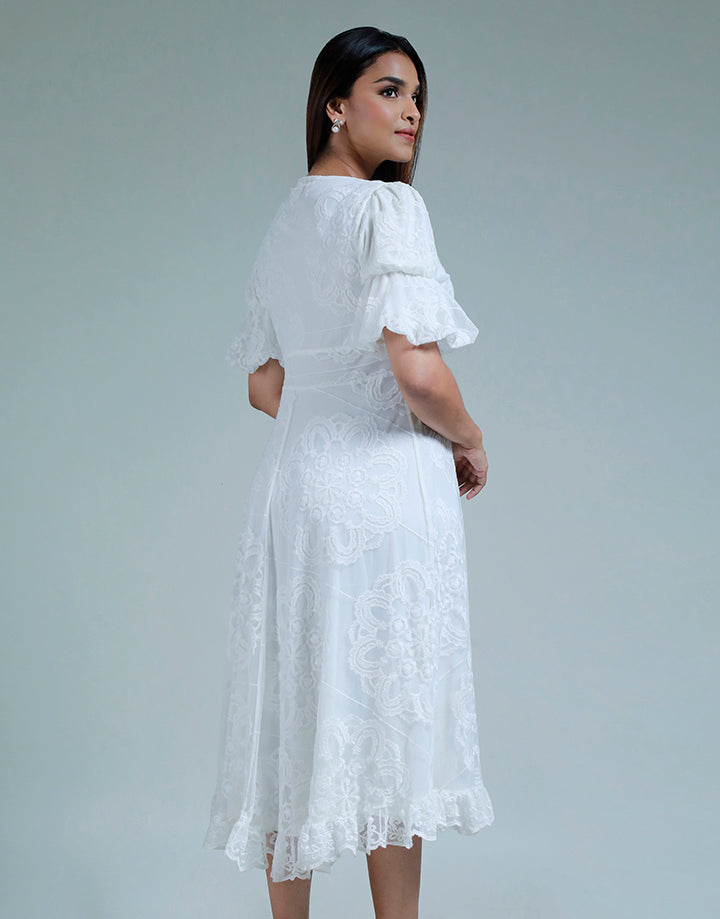 Lace Dress with Puff Sleeve and V-Neck Line