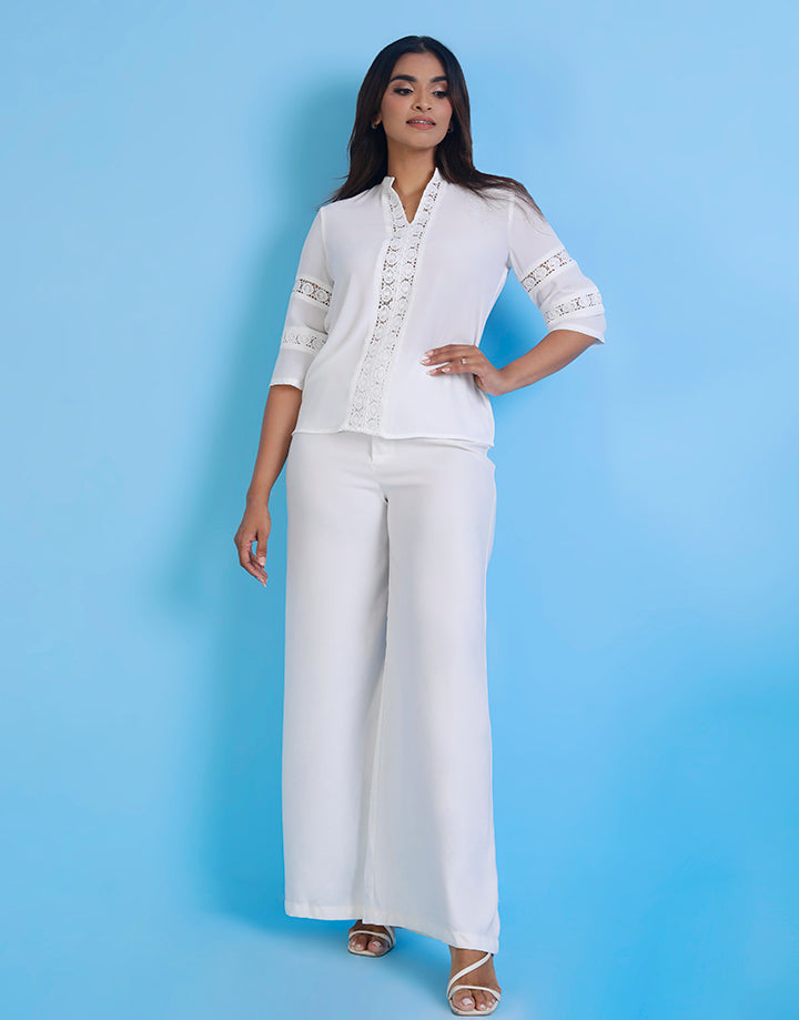 Chinese Collar Top with Lace Trim