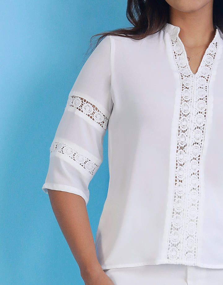 Chinese Collar Top with Lace Trim