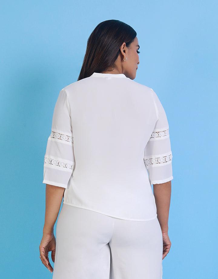 Chinese Collar Top with Lace Trim