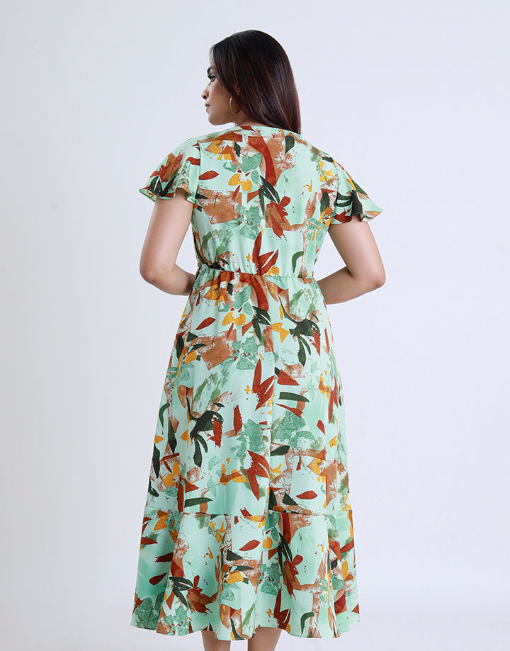 Printed V-Neck Dress with Frill Sleeve