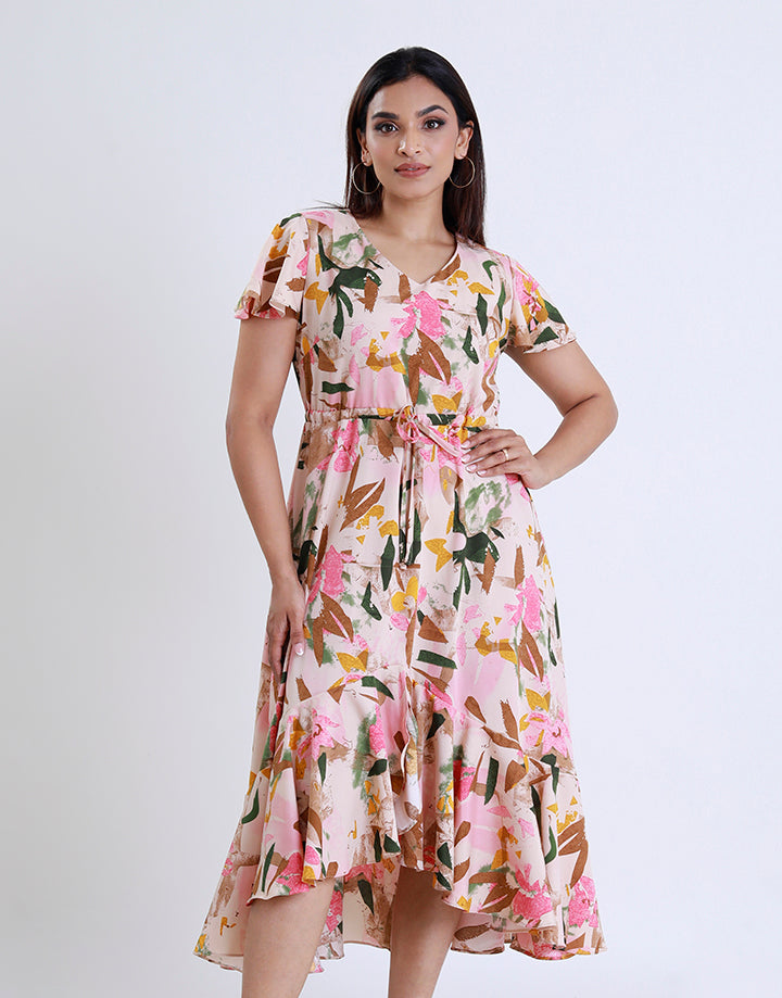 Printed V-Neck Dress with Frill Sleeve