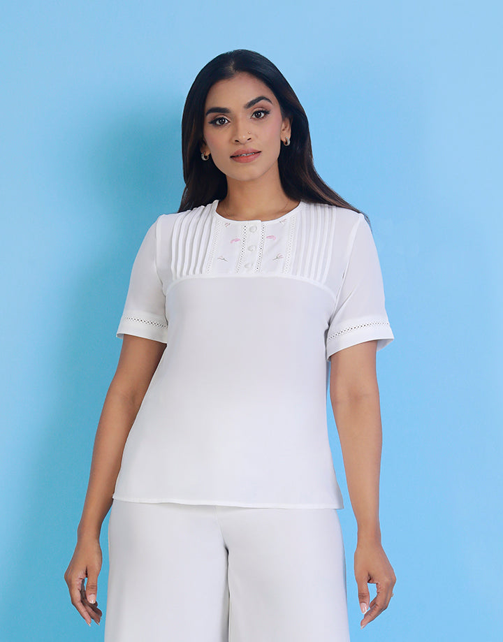 Short Sleeve Top with Pintuck Detail