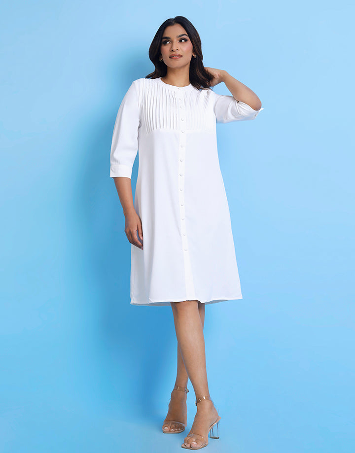 White Button Down Pintuck Dress
