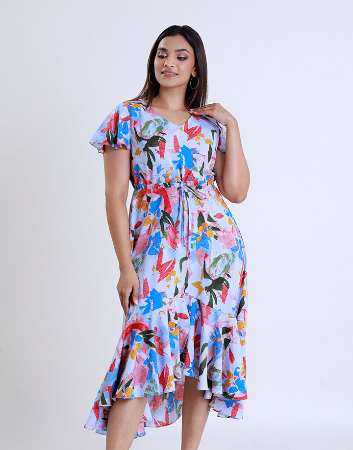 Printed V-Neck Dress with Frill Sleeve