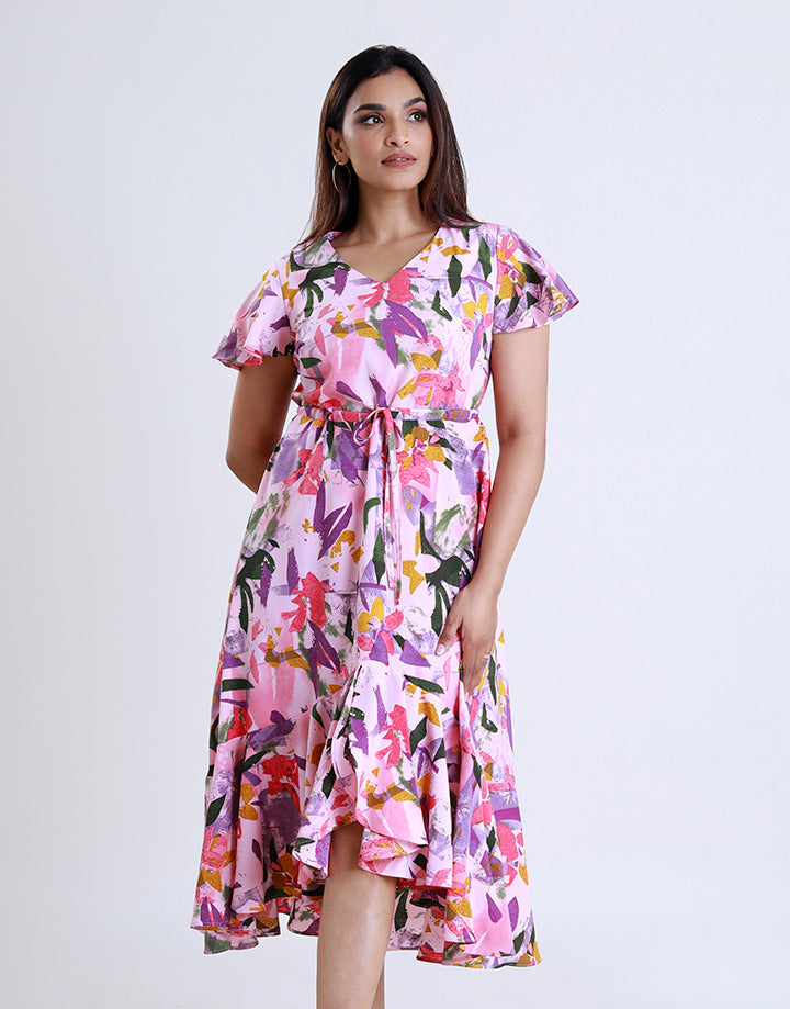 Printed V-Neck Dress with Frill Sleeve