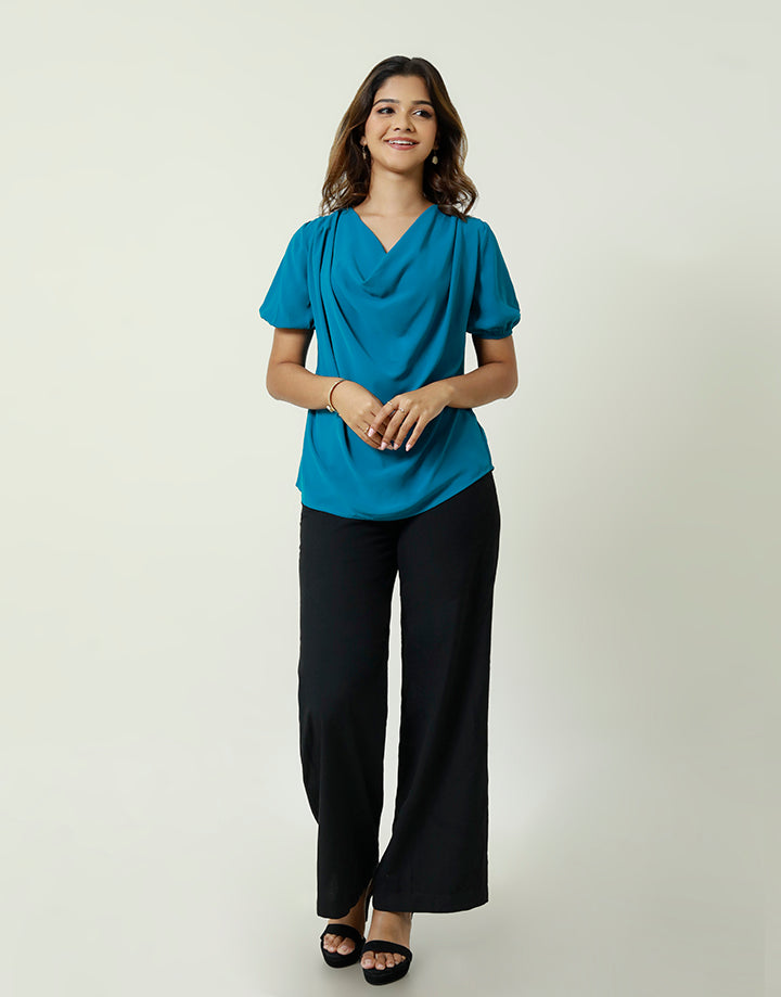 Cowl Neck Top with Puff Sleeves