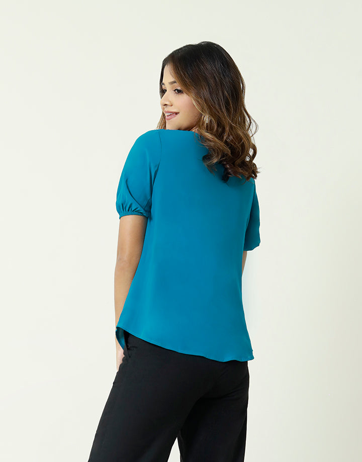 Cowl Neck Top with Puff Sleeves