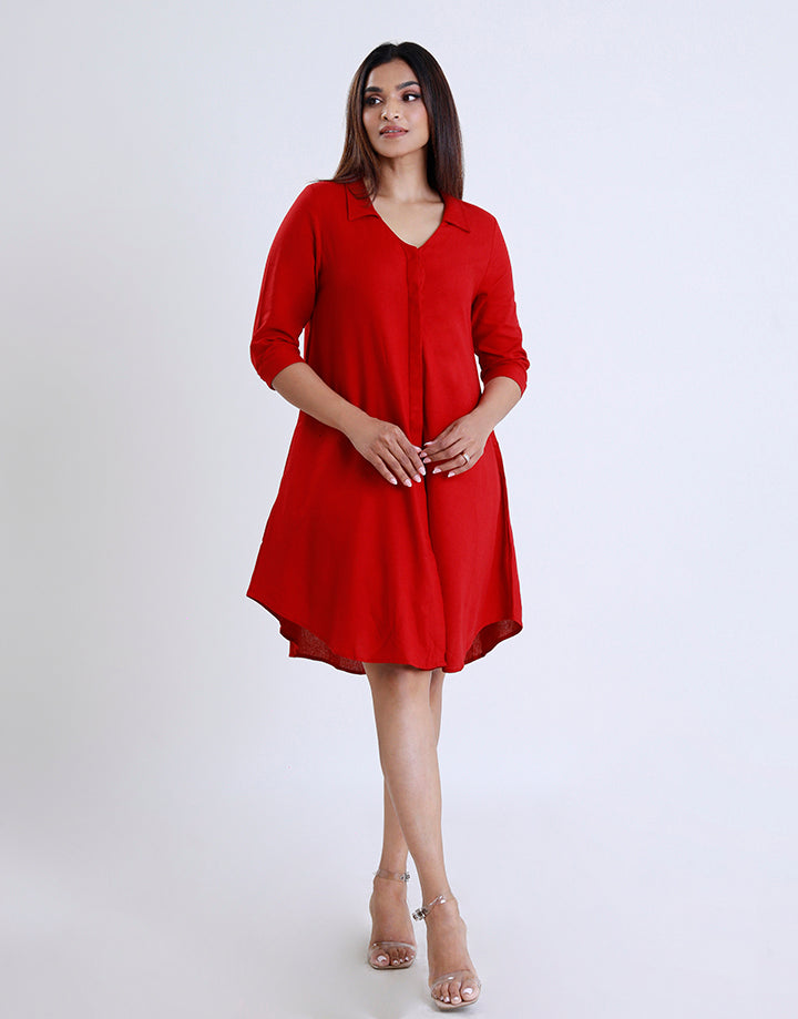 Collar V-Neck Dress Folded Hem