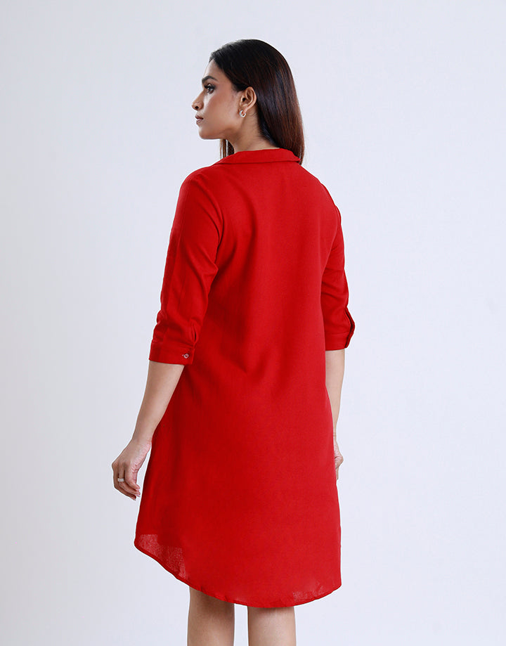 Collar V-Neck Dress Folded Hem
