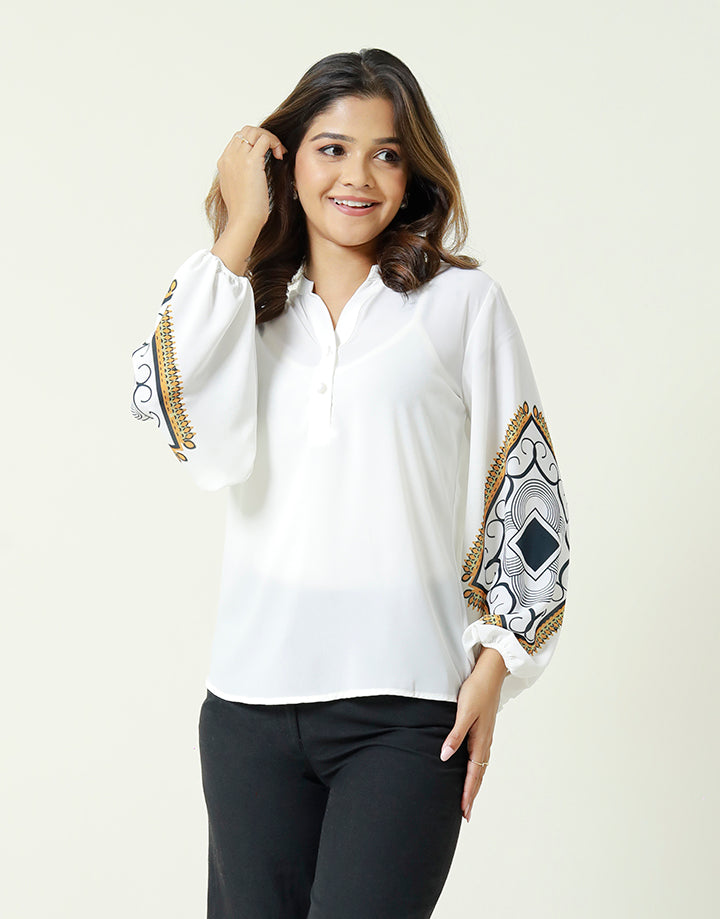 Chinese Collar Top with  Screen Print Sleeve