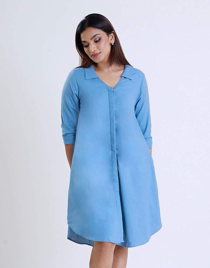 Collar V-Neck Dress Folded Hem