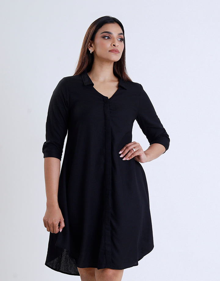 Collar V-Neck Dress Folded Hem