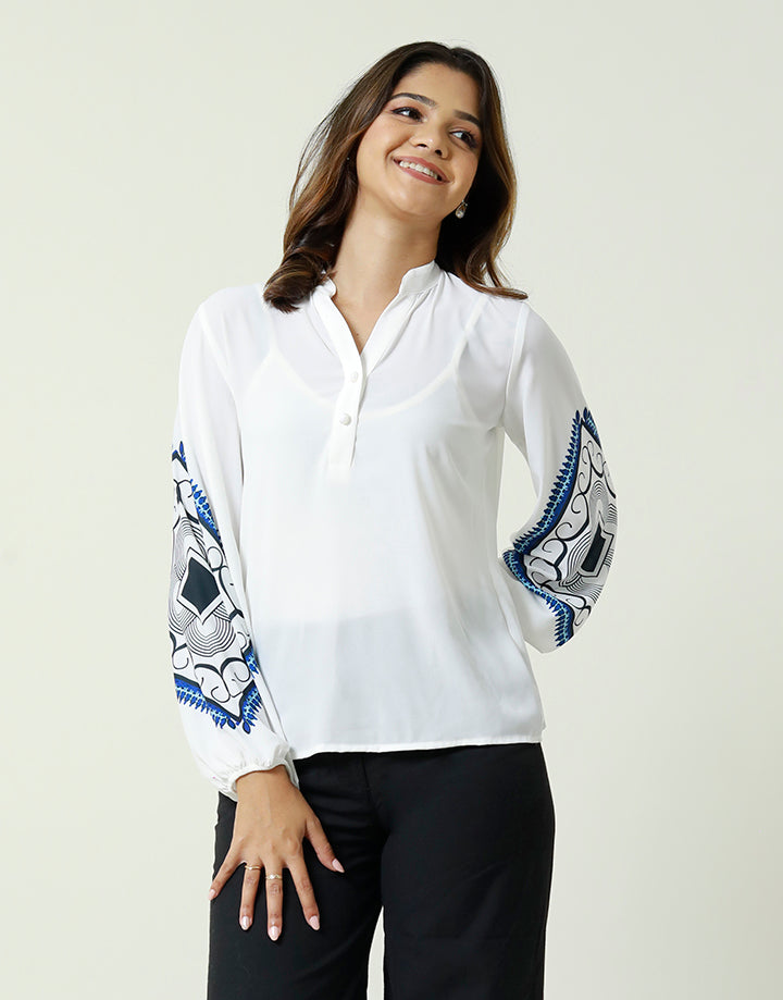 Chinese Collar Top with  Screen Print Sleeve