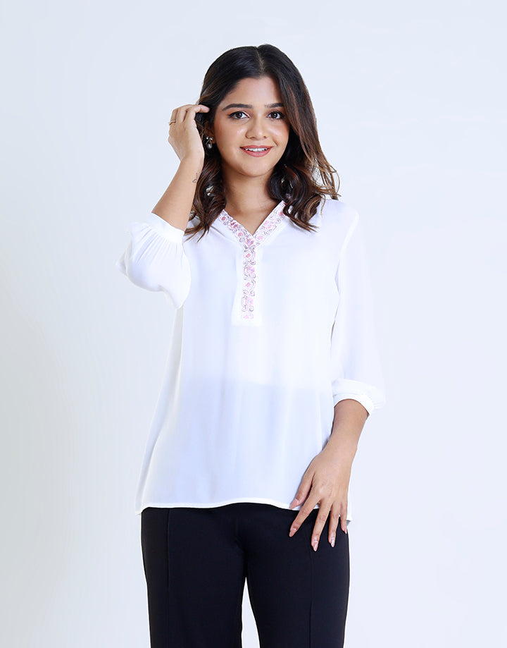 Chinese Collar Top with Embroidered