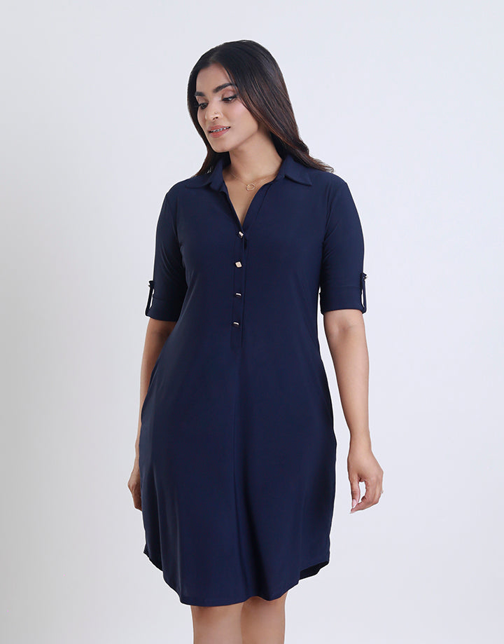 Folded Sleeve Dress with Shirt Collar