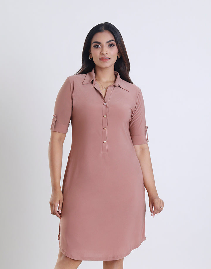 Folded Sleeve Dress with Shirt Collar
