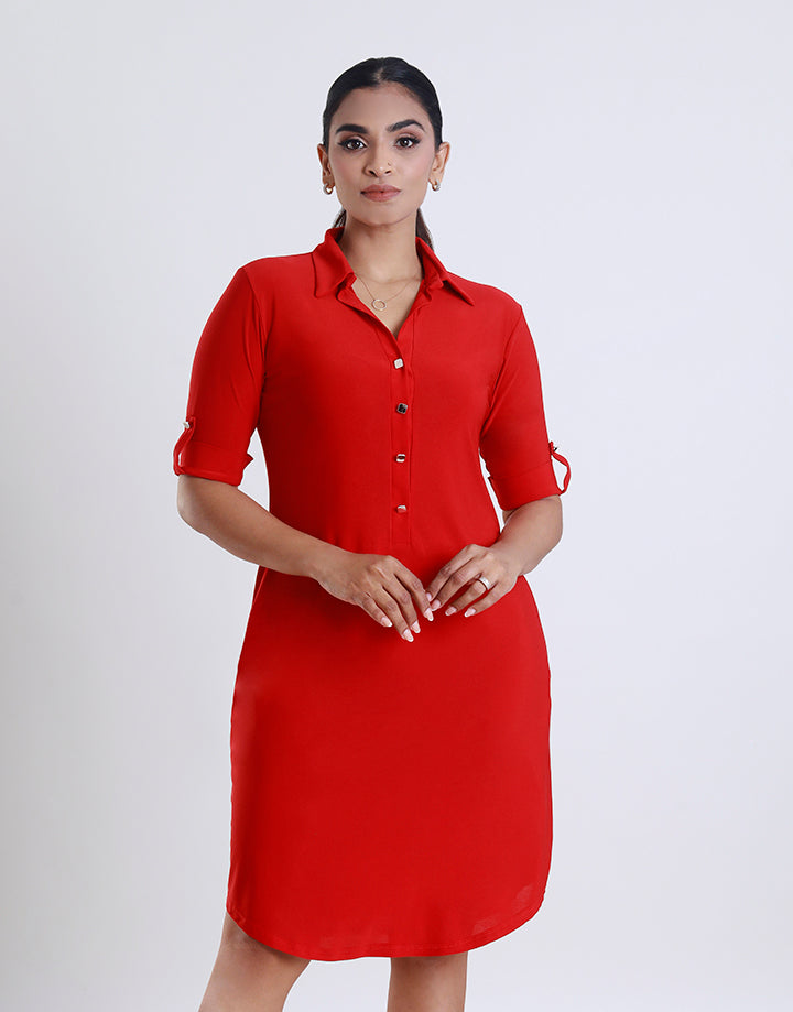 Folded Sleeve Dress with Shirt Collar