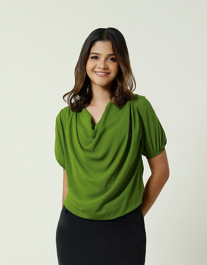 Cowl Neck Top with Puff Sleeves