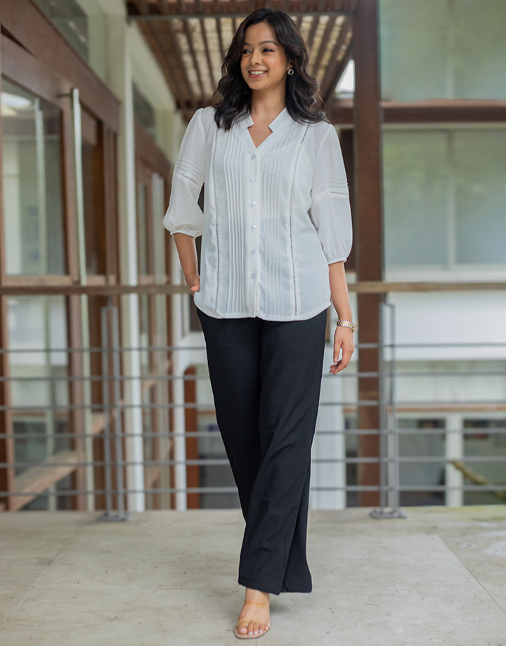 Pintuck Detail Blouse with Puff Sleeve