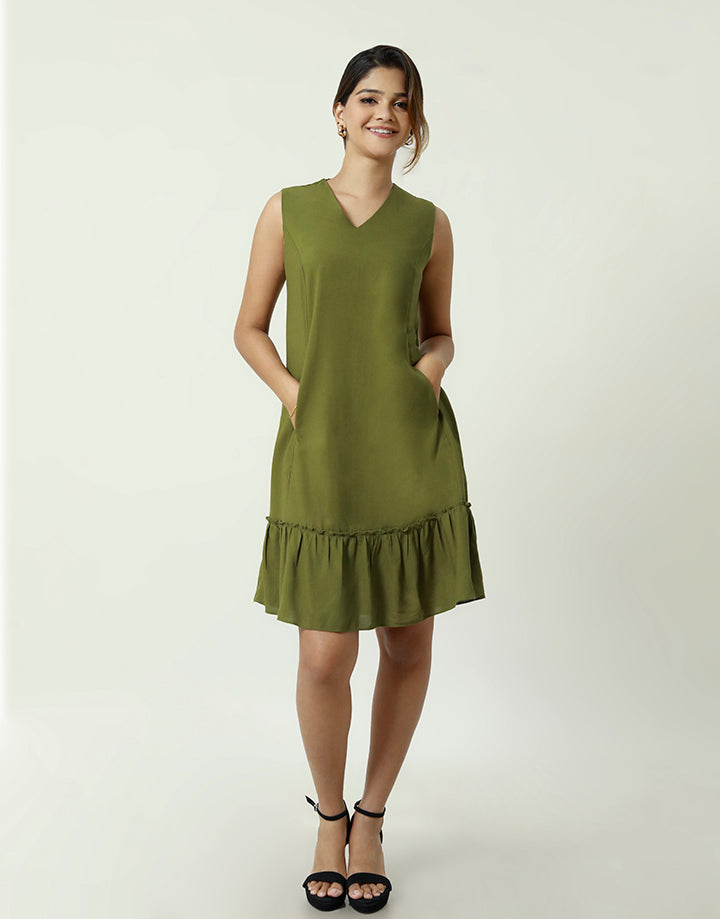 V-Neck Sleeveless Dress with Frill Hem