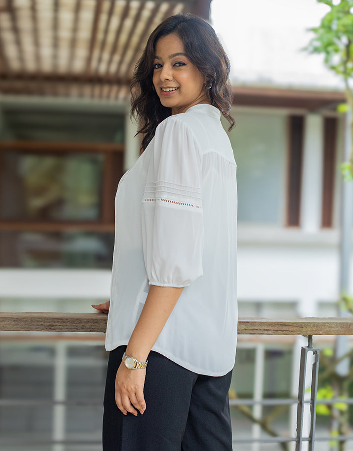 Pintuck Detail Blouse with Puff Sleeve