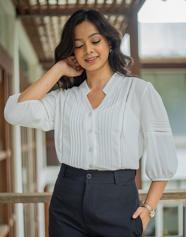 Pintuck Detail Blouse with Puff Sleeve
