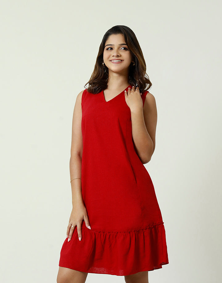 V-Neck Sleeveless Dress with Frill Hem