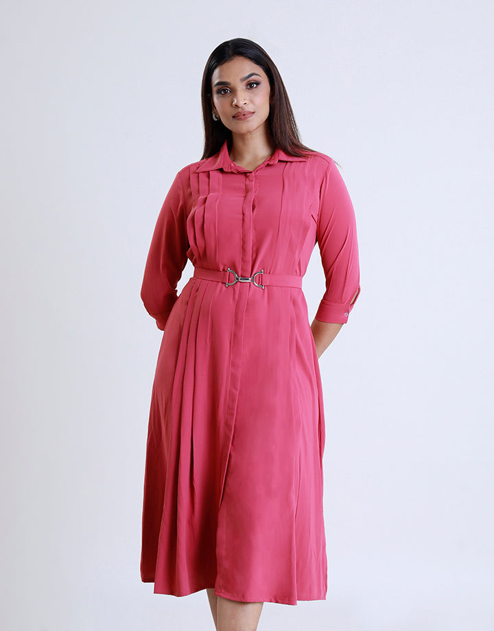 Pleat Detail Dress with Belt