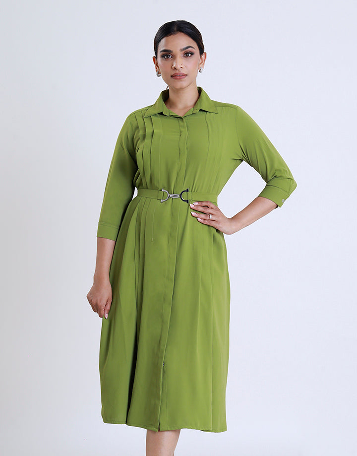 Pleat Detail Dress with Belt