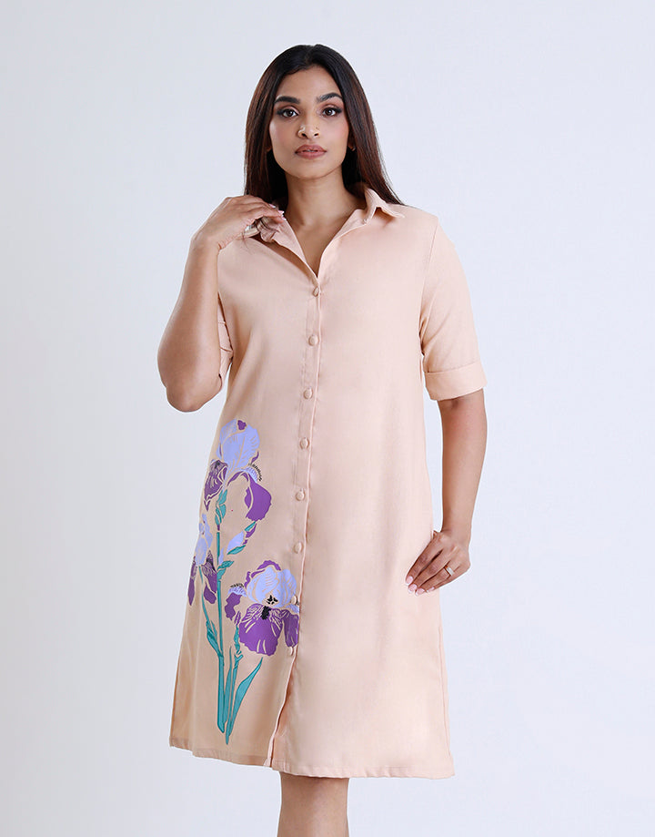 Button Down Shirt Dress with Screen Print