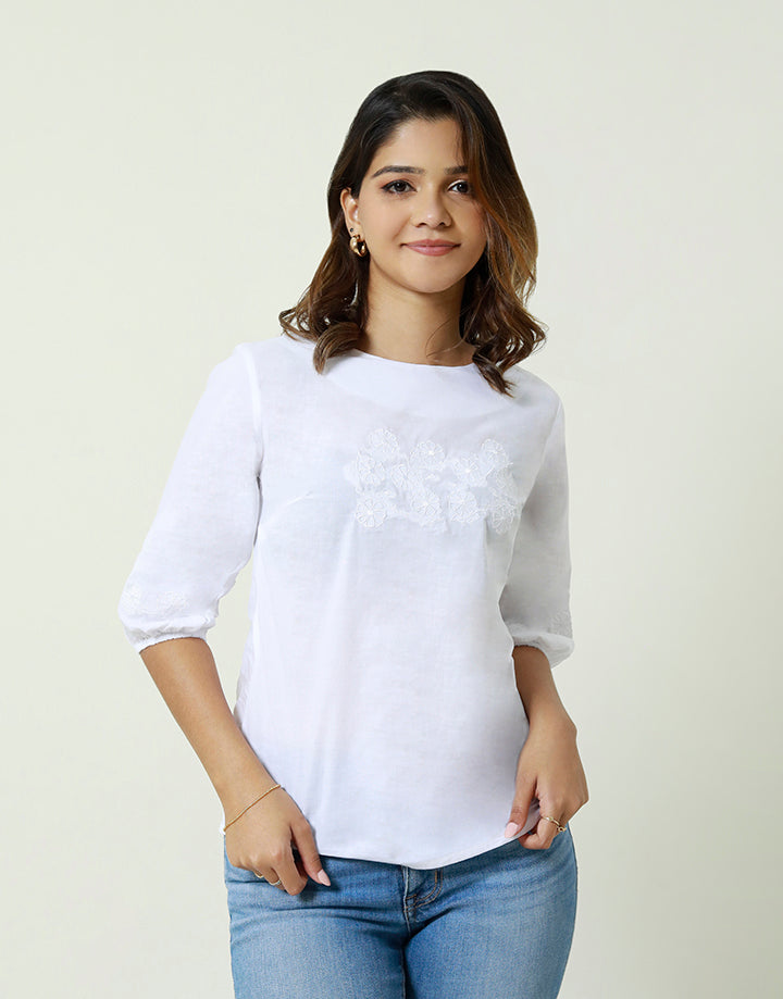 3/4 Sleeve Top with Embroidered Details